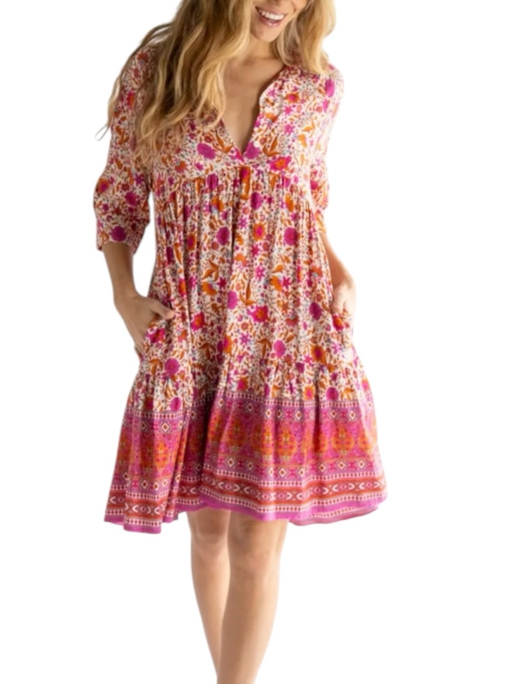 Natural Life Becca Mini Dress Pink Floral Border Tiered Boho Large NWT